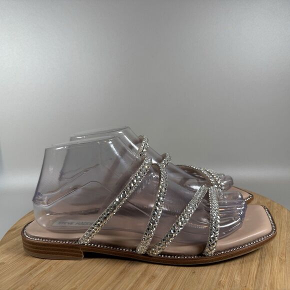 Steve Madden Sandals 8.5 M Starie Rhinestones Strappy Flats Beige Square Toe Tan - Picture 1 of 6
